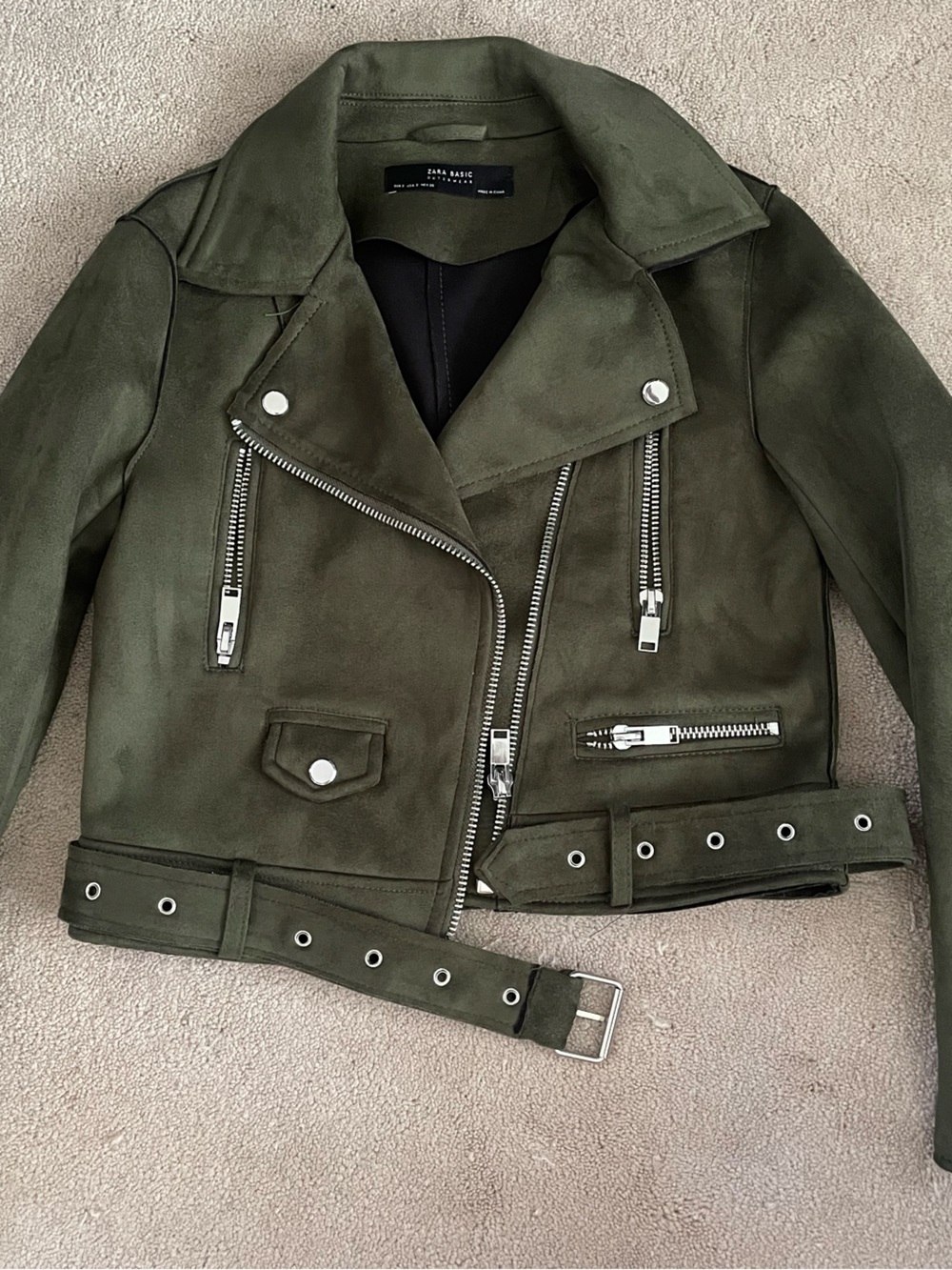 Zara Basic Olive Green Suede Motorcycle Jacket with Black Lining